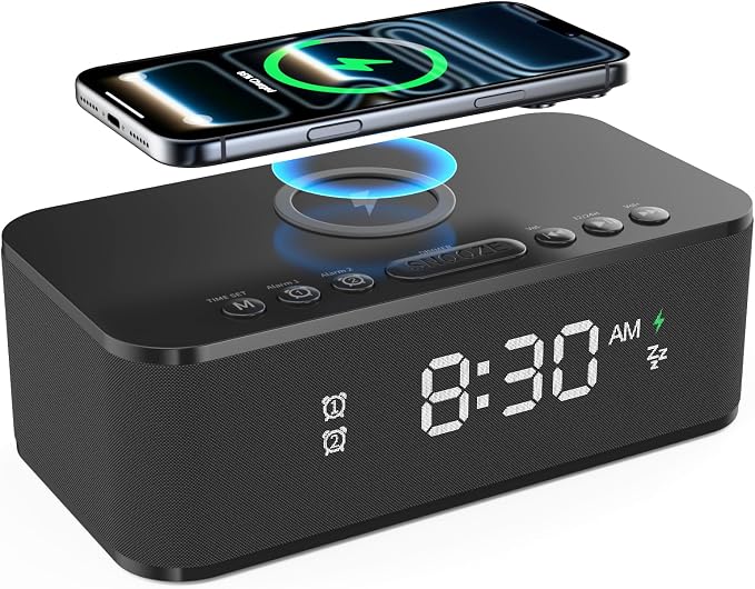 Alarm Clocks for Bedrooms, Wireless Charger, Bluetooth Speaker, White Noise Machine, Digital Clock with Dual Alarm, Dimmable Display, USB Charging Port, Black by FansbeDirect