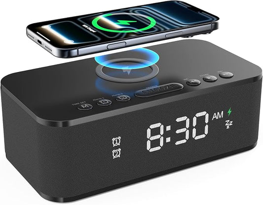 Alarm Clocks for Bedrooms, Wireless Charger, Bluetooth Speaker, White Noise Machine, Digital Clock with Dual Alarm, Dimmable Display, USB Charging Port, Black by FansbeDirect