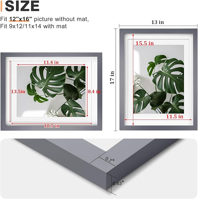 Egofine 12x16 Picture Frames with Plexiglass, Display Pictures 9x12/11x14 with Mat or 12x16 Without Mat Set of 4 for Wall Mounting,Dark Grey
