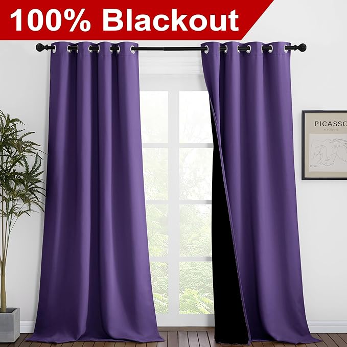 NICETOWN Lilac Purple Full Shade Curtain Panels, Pair of Thermal Insulated & Energy Efficiency Blackout Curtains for Living Room Windows, Lined Silky Performance Window Dressing (46" Wide x 90" Long)