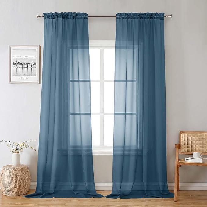 Lecloud Dusty Blue Sheer Curtains 96 Inches Long 2 Panels, Light Filtering Breathable Curtain, Gauzy Stylish Home Decor Drapes with Dual Rod Pocket for Dining Room Bedroom, Each 42" W x 96" L
