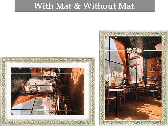 Golden State Art, 13X19 Ornate Finish Photo Frame with White Mat for 11X17 Picture & Real Glass, Color: Silver Beige