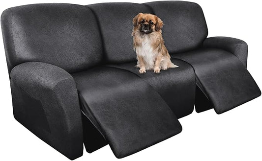 ANARACHON Recliner Couch Cover Leather Look Recliner Sofa Covers for 3 Cushion Reclining Sofa Slipcovers 8-Pieces Furniture Protector Spandex Fabric Washable (3 Seater, 01 Dark Gray)