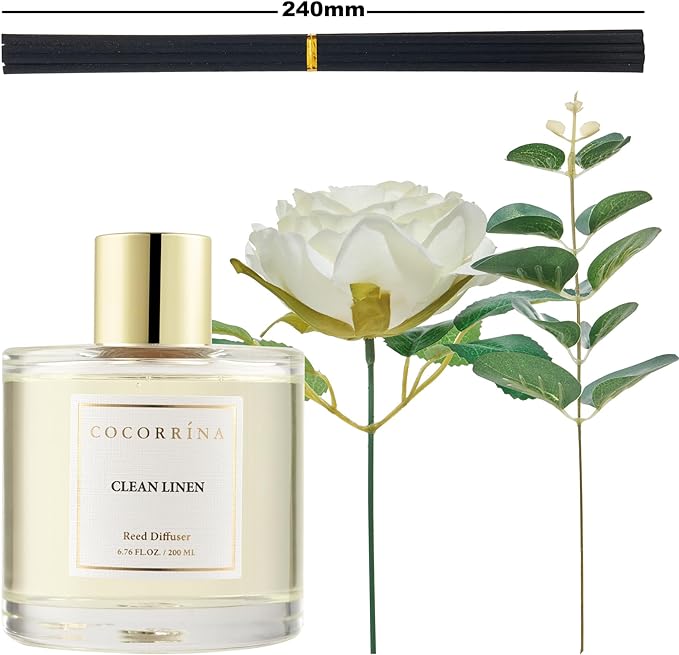 Cocorr??na Flower Reed Diffuser - Clean Linen 6.7oz Scented Diffuser with Sticks Home Fragrance Essential Oil for Bathroom Shelf Decor (Artificial Flower)