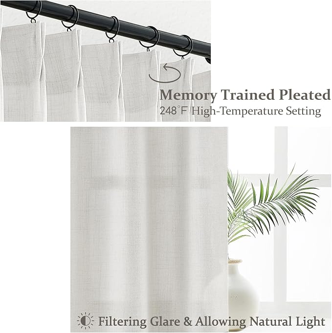 Extra Wide 70 Inch Light Filtering Pleated Curtains 92 Inches Long for Office 2 Panels, Off White Memory Shape Natural Linen Textured Windows Drapes Privacy Semi Sheer Viral Curtain with Hooks & Rings