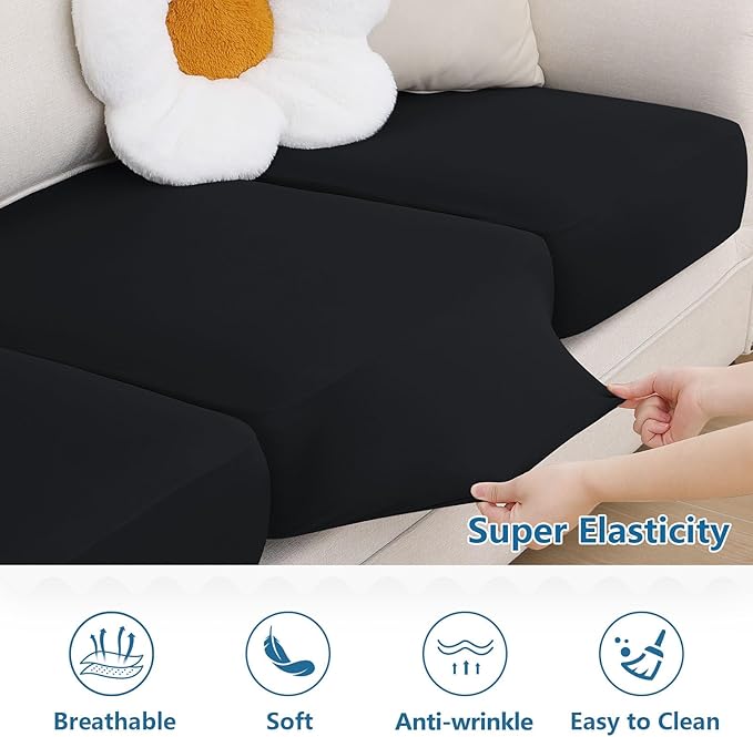 hyha Milk Silk Couch Cushion Covers, Soft Magic Sofa Covers Washable for 2 Cushion Couch, Stretch Sectional Outdoor Cushion Covers for Patio Furniture with Elastic Bottom(2 Packs, Black)
