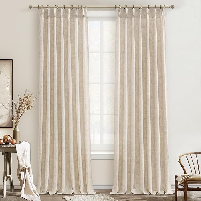 PleatedDrapes 96 Inch Curtains 2 Panel Set, Modern Linen Pleat Back Tab Dining Room Window Curtains Light Filtering Aesthetic Semi Sheer Living Room Drapes with Hooks Ring Cream Oatmeal W40 x L96
