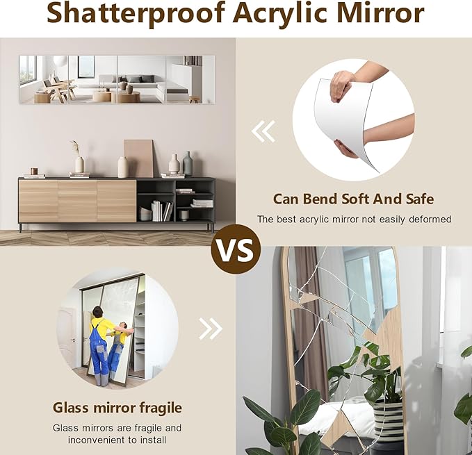 Shiftshade 4 Pack Wall Mirror Full Length, 12 x 12 Inch Acrylic Mirror Tiles, Shatterproof Flexible Plastic Mirror Sheets for Bedroom Home Gym Door