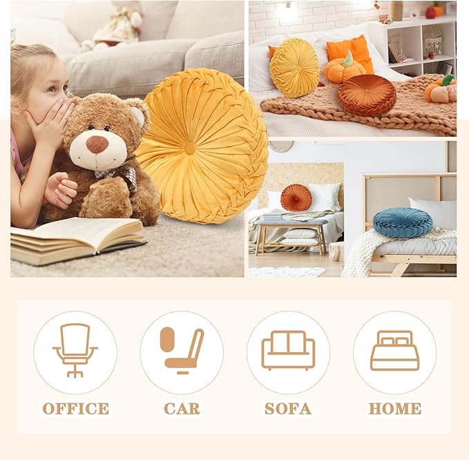 Drydiet 3 Pcs Round Throw Velvet Pillows Decorative Pleated Throw Pillows 15'' Diameter Accent Pumpkin Boho Chair Cushion for Couch Sofa Home Decoration (Yellow,Brunt Orange,Blue)
