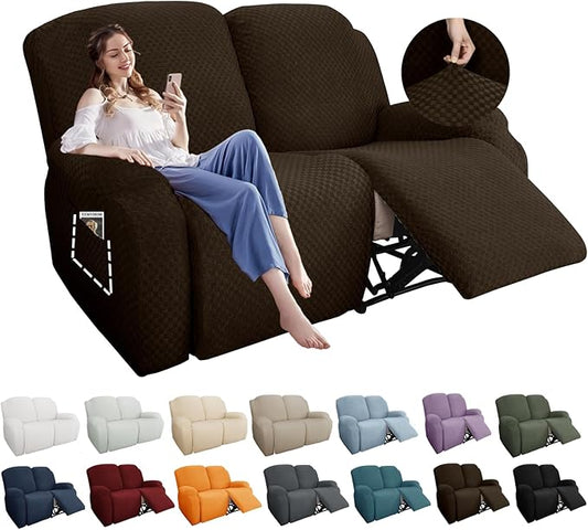 YEMYHOM 6 Pieces Stretch Loveseat Recliner Slipcover Jacquard Recliner Sofa Cover with Side Pocket Fitted Recliner Cover Couch Furniture Protector with Elastic Bottom (Loveseat Recliner, Dark Coffee)