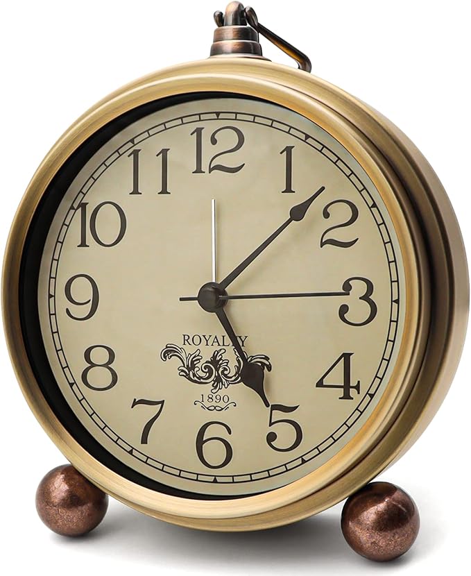 Maxspace Metal Golden Table Clock, Retro Vintage Non-Ticking Small Alarm Clock,Battery Operated Silent Quartz Movement HD Glass Desk Clock for Bedroom Living Room Indoor Decoration Kids?€? (Arabic2)