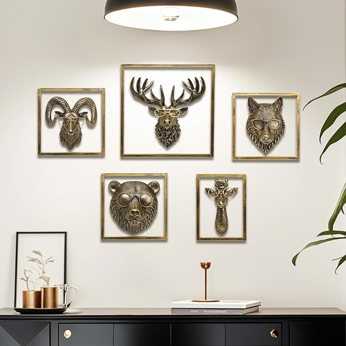 JJALIGHTS Animal Heads Wall Decor (Includes Metal Frame) Resin Animals Sculptures Head Wall Hanging Decoration Imitation Copper vintage Wall Sculpture for Living Room Bedroom Office (Bear)