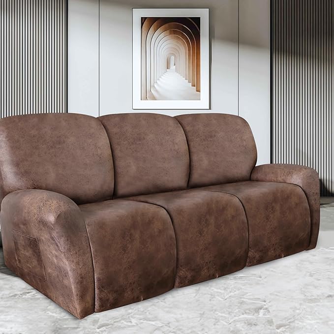 ANARACHON Recliner Couch Cover Leather Look Recliner Sofa Covers for 3 Cushion Reclining Sofa Slipcovers 8-Pieces Furniture Protector Spandex Fabric Washable (3 Seater, 02 Light Brown)