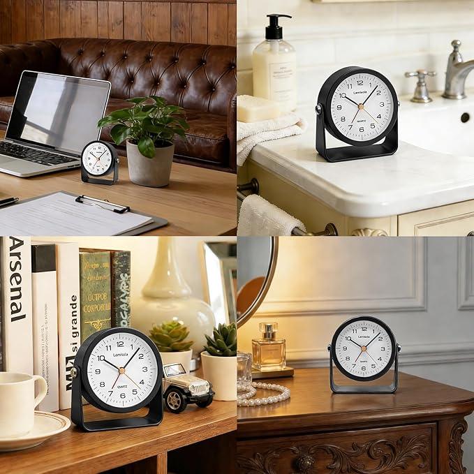 3.5 Inch Small Desk Alarm Clock, Battery Operated Analog Silent Clock with Night Light, Retro Vintage Metal Bedside Clock for Bedroom, Office, Bathroom, Dorm, Shelf, Table - Black