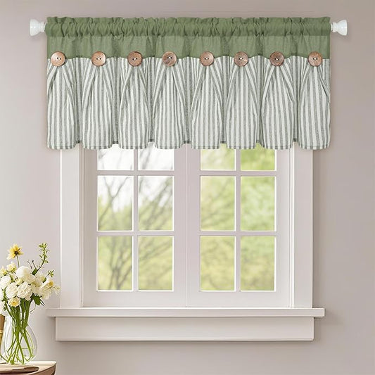ASPMIZ Farmhouse Cotton Linen Valances for Windows, Boho Kitchen Curtains Valances with Rustic Button, Green Striped Window Treatments Curtain Valance for Bathroom Cafe, 52 x 18 Inch, 1 Pannel