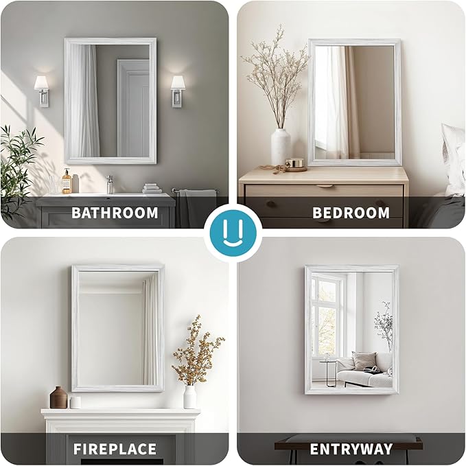 White Wood Effect Framed Wall Mirror, 24x32 Rectangle Mirror, Anti-desilvering Tempered Glass, Sustainable& Sturdy Frame, Farmhouse Mirror, Anti-Rust, 3min Fast Setup for Bathroom Living Room