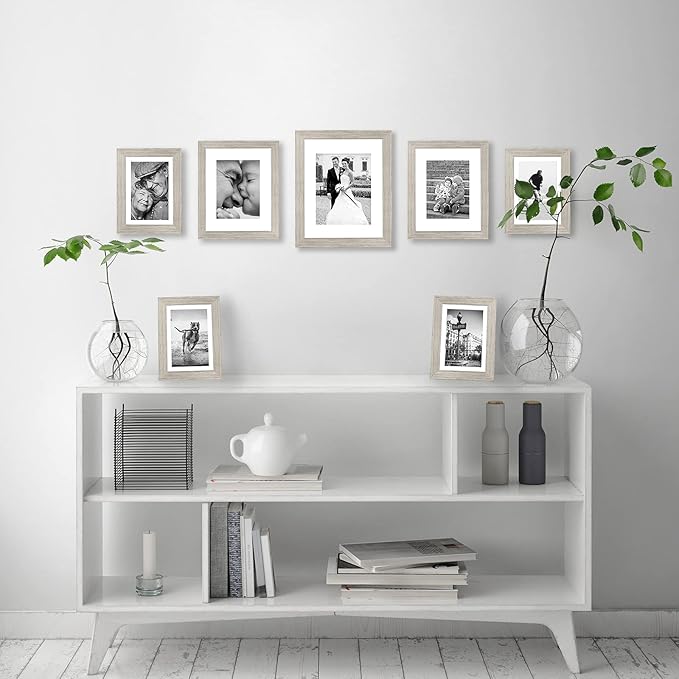 Americanflat Set of 7 Picture Frames with Shatter-Resistant Glass - Gallery Wall Frame Set with One 11x14, Two 8x10 and Four 5x7 Frames - Signature Collection - Driftwood