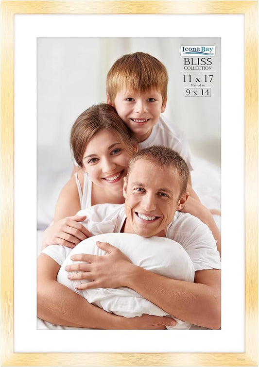 Icona Bay - 11x17 Gold Picture Frame with Removable Mat to 9x14 Photo - Modern Style Engineered Wood Poster Frame - Wall Mount Only - Bliss Collection