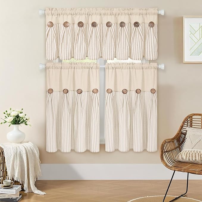 ASPMIZ Farmhouse Cotton Linen Valances for Windows, Boho Kitchen Curtains Valances with Rustic Button, Khaki Striped Window Treatments Curtain Valance for Bathroom Cafe, 52 x 18 Inch, 1 Pannel