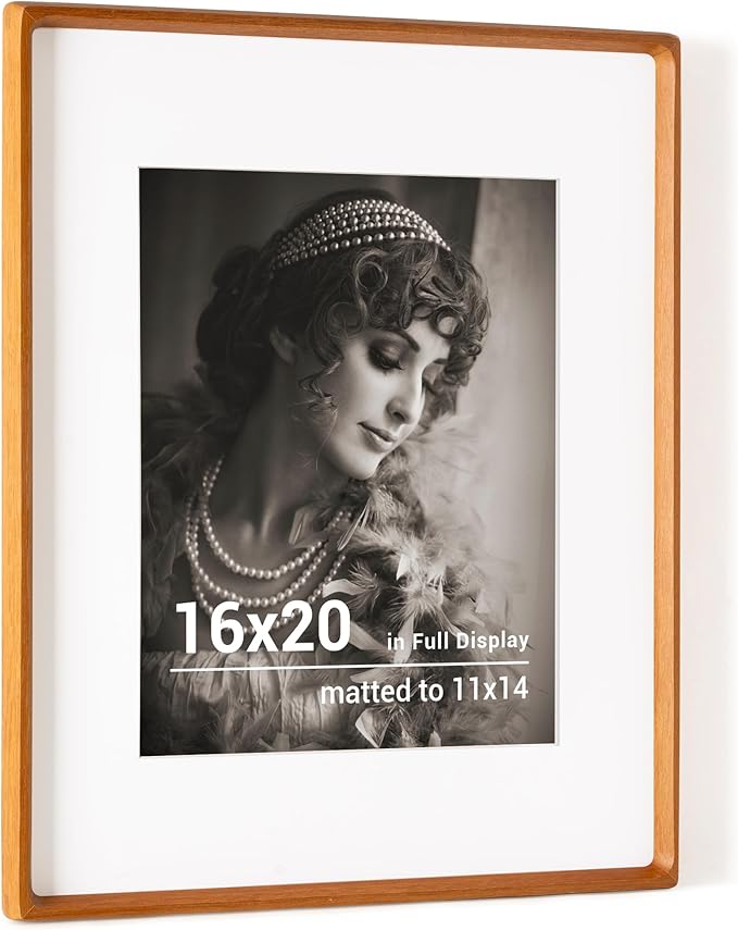 16 x 20 Picture Frame, USA-Sourced Teak Wood Photo Frames with HD Tempered Glass, Handcrafted Rounded Corner 16x20 Wooden Frames Matted to 11x14 Photos, Horizontal or Vertical Wall Display
