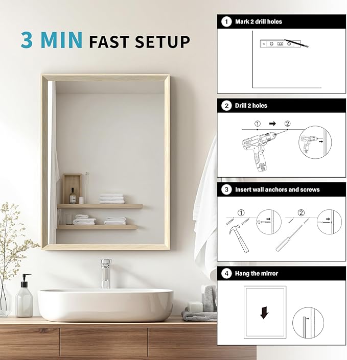 Oak Wood Effect Framed Wall Mirror, 32x40 Rectangle Mirror, Anti-desilvering Tempered Glass, Sustainable& Sturdy Frame, Farmhouse Mirror, Anti-Rust, 3min Fast Setup for Bathroom Living Room