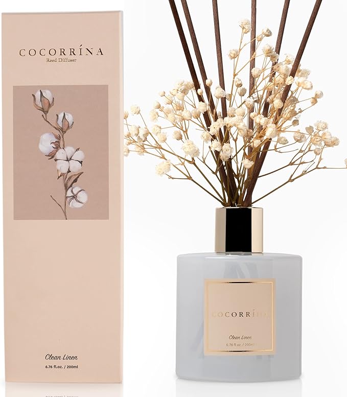 Cocorr??na Reed Diffuser Set, Clean Linen 6.7 fl oz Scented Diffuser with Sticks Home Fragrance Reed Diffuser for Bathroom Shelf Decor