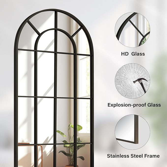 24"×65" Windowpane Arched Full Length Mirror, Grid-Designed Decorative Farmhouse Full Body Floor Mirror with Metal Frame Hanging Leaning for Entryway, Living Room, Home Decor, Black