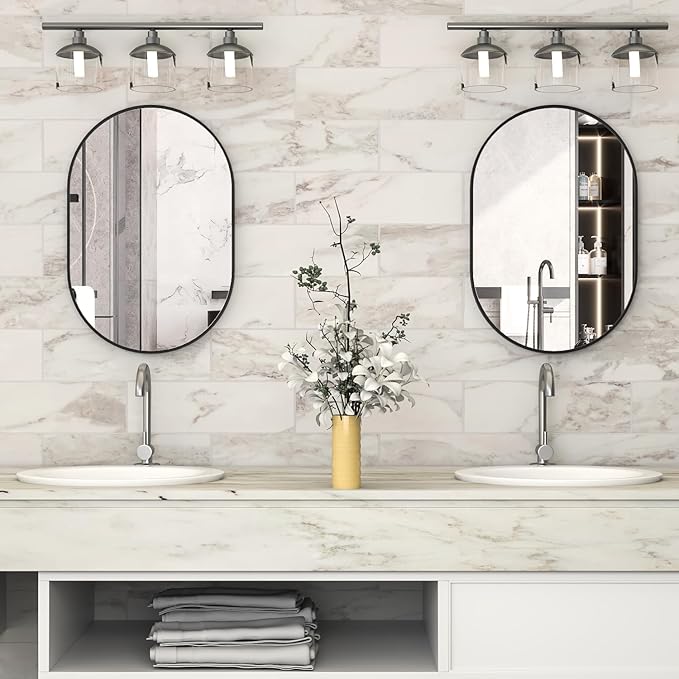 2 Piece Oval Bathroom Mirror Capsule Wall Vanity Mirror, 20"x30" Pill Mirrors Wall Mounted Mirror, Large Modern Mirror with Black Metal Frame, Decor for Entryway, Bedroom, Living Room