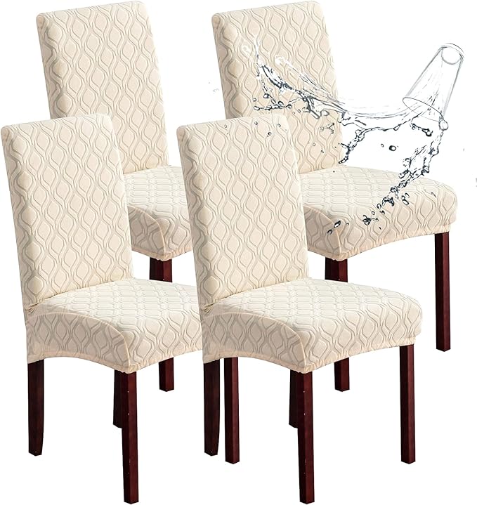 Genina Waterproof Chair Covers for Dining Room, Stretch Jacquard Dining Chair Slipcovers Removable Washable Chair Protector for Kitchen, Parsons (Jacquard-Beige, 4 PCS)