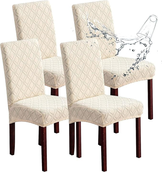 Genina Waterproof Chair Covers for Dining Room, Stretch Jacquard Dining Chair Slipcovers Removable Washable Chair Protector for Kitchen, Parsons (Jacquard-Beige, 4 PCS)