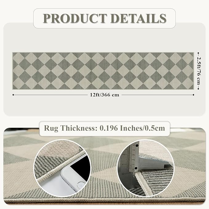 Beeiva Checkered Print Runners for Hallways Non Slip 2.5x12, Green Ultra Thin Washable Runner Rug Neutral Long Rugs for Hallway, Moroccan Plaid Floor Carpet for Kitchen, Modern Gingham Home Decor