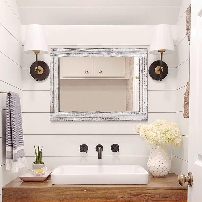 AAZZKANG Large Wall Mirrors 26"x18" Rustic Wood Mirror Rectangle Decorative for Farmhouse Bedroom Bathroom Living Room Dressing Room Home Entryway
