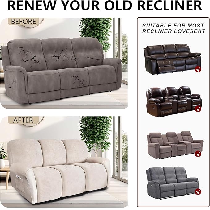 ANARACHON Recliner Couch Cover Leather Look Recliner Sofa Covers for 3 Cushion Reclining Sofa Slipcovers 8-Pieces Furniture Protector Spandex Fabric Washable (3 Seater, 02 Beige)