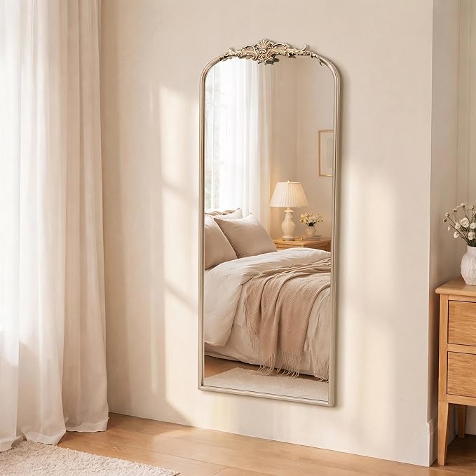 Besdomus Arched Mirror Full Length: 21"x56" French Champagne Gold Vintage Full Body Mirror - Floor Antique Baroque Traditional Ornate for Entryway/Cloakroom/Bedroom - Home Decor for Fashion-Conscious