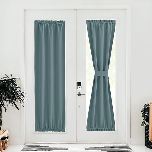 NICETOWN French Door Blackout Curtain for Kitchen Thermal Insulated Drapes Temporary Window Treatment Covering for Glass Door Rod Pocket with Tieback, 25" x 80", Greyish Blue, 1 Panel
