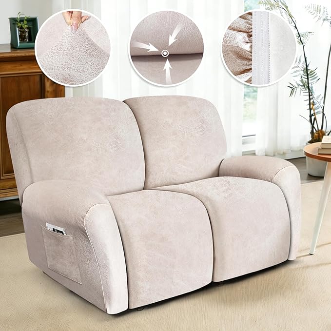 ANARACHON Loveseat Recliner Cover Leather Look Recliner Loveseat Covers Recliner Sofa Cover for 2 Seater Reclining Couch Spandex Fabric Washable 6 Pieces (2 Seater, 02 Beige)