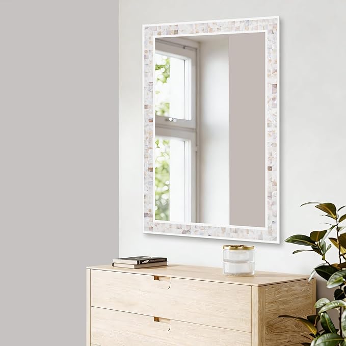 Tanmicoshomy Brown Shell Framed Rectangular Wall Mirrors for Bathroom, 24x36 Inch Mosaic Mirror for Bedroom Living Room or Entryway, Wall Mounted Horizontal or Vertical Hanging