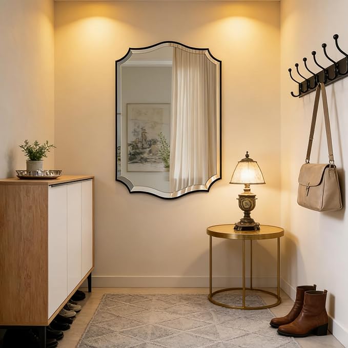 POZINO Scalloped Beveled Mirror, 24"x36" Rectangle Bathroom Vanity Mirror for Over Sink, Modern Aesthetic Wavy Shaped Wall Mirrors for Living Room Bedroom Entryway, Horizontal or Vertical Hanging