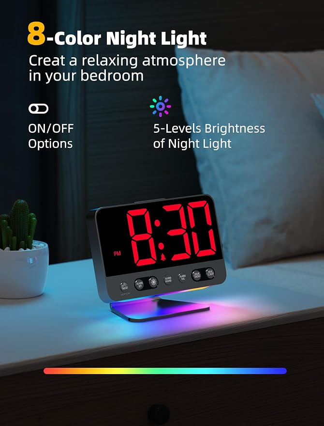 Odokee Digital Alarm Clocks for Bedrooms with Large Bold Number | Electric Desk Clock with Night Light & Brightness Dimmer - Loud Alarm for Heavy Sleepers with Adjustable Volume - Red - Image 5