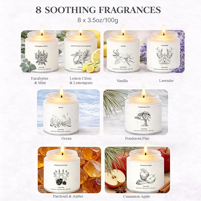 Scented Candles for Home, 8 Pack Soy Wax Gift Set for Women, Aromatherapy Candles, Lavender, Vanilla, Eucalyptus Mint, Ocean