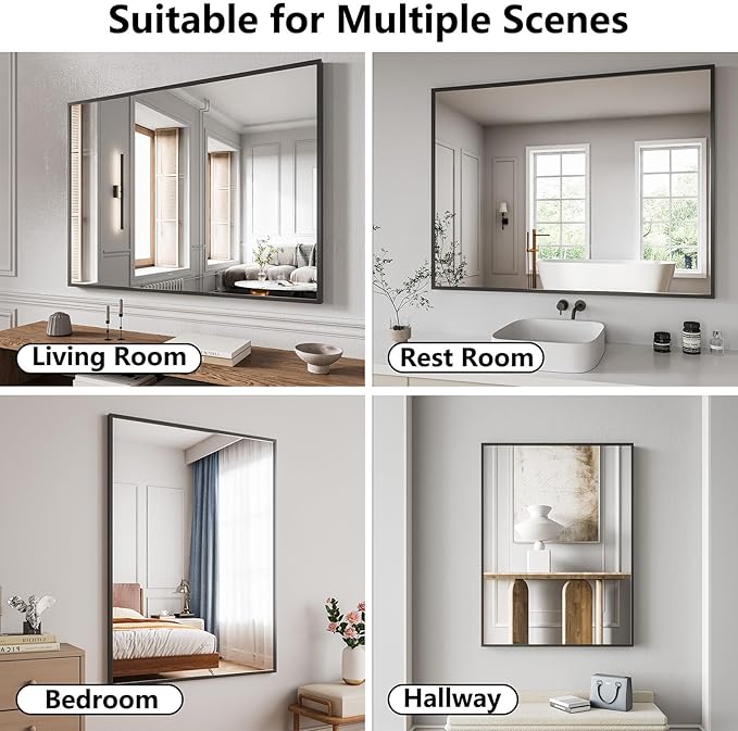 Bathroom Mirror 36"x48" Matte Black Rectangle Bathroom Wall Mirror for Over Sink, Modern Large Vanity Mirror, HD Tempered Glass, Anti-Rust Aluminum Alloy Frame, for Living Room, Bedroom, Entryway