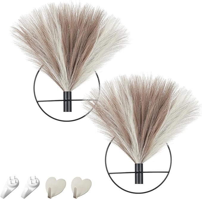Pretty Jolly Boho Wall Decor 2 Pack, Metal Wall Hanging - Artificial Pampas in Beige & Coffee for Living Room, Bedroom, Dining Room & Bathroom