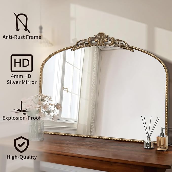 Micasso Large Gold Antique Mirror: 40"x29" French Baroque Arched Mirror - Traditional Ornate Vintage Mirrors for Wall/Mantel/Entryway/Bathroom/Hallway - Home Decor for Living Room