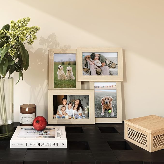 Egofine 4x6 Collage Picture Frames, Made of Solid Wood, Family Picture Frame Display Four 4x6 Photos, Covered by Plexiglass for Wall Hanging and Tabletop, Natural Wood