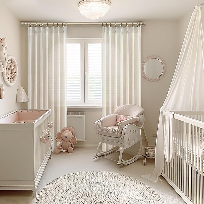 Cream Beige Pleated 92 Inch Boho Curtains for Bedroom 2 Panels Set, Farmhouse Ivory Linen Sheer Nursery Curtain Light Filtering Privacy Pleat Heavy Window Drapes with Hooks Rings 40" W x 92" L Length