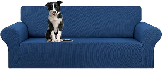 KEKUOU Stretch Oversized Sofa Slipcover 1 Piece Couch Sofa Cover (94"-110") Furniture Protector 4 Seater Sofa with Elastic Bottom for Kids,Pet.Jacquard Checked Pattern Fabric(X Large,Classic Blue)
