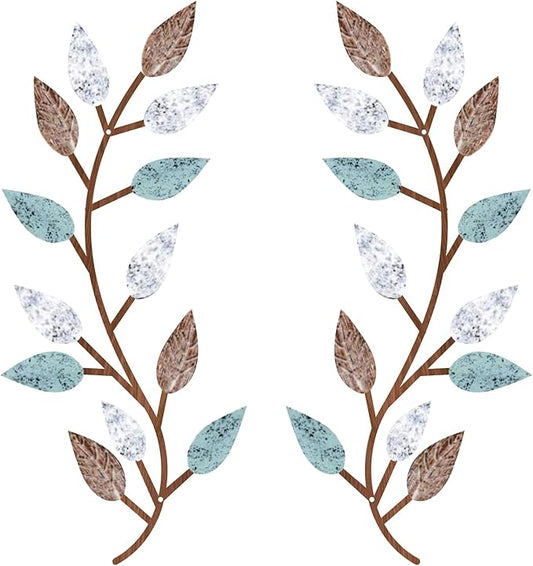 Zhengmy 2 Pieces Metal Tree Leaf Wall Decor Vine Olive Branch Leaf Wall Art Living Room, Hallway Wall Decor Outdoor Decoration(Blue Brown Colors)