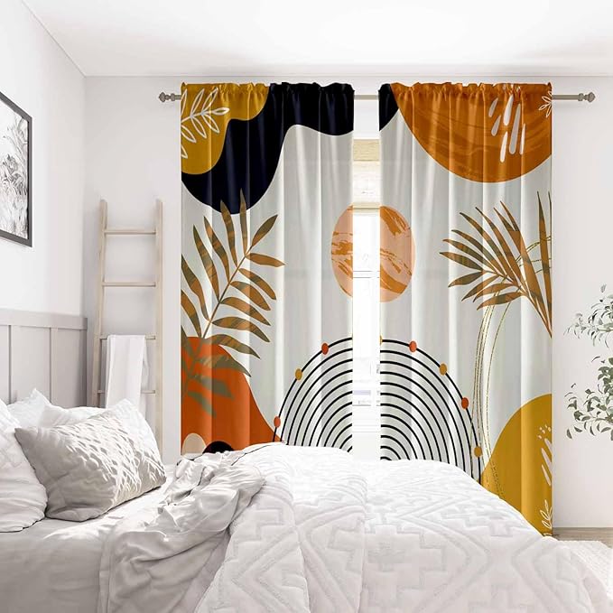 Colorful Boho Curtains Mid Century Modern Semi Sheer Curtains 52X96 Inch Abstract Leaves Retro Rainbow Living Room Curtain 2Pc Fun Geometric Drapes Yellow Plant Window Curtain for Bedroom