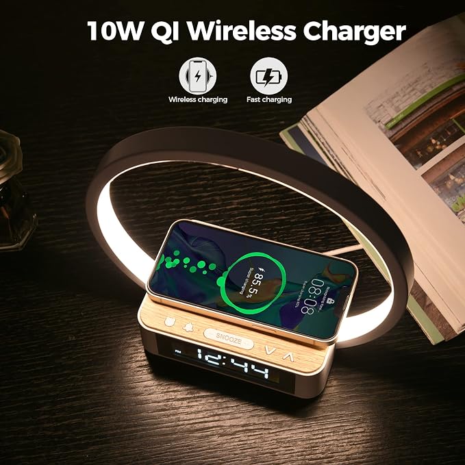 Desk Lamp with Alarm Clock Qi Wireless Charger, Touch Lamp for bedroom - Image 3