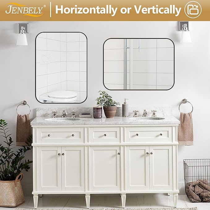 16x24 Inch Black Wall Mirror for Bathroom, Brushed Metal Framed Mirror with Rounded Corner, Rectangle Bathroom Vanity Mirror for Bedroom or Living Room, Horizontal/Vertical